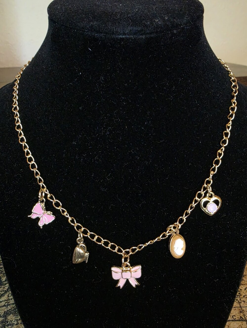 Gold Coquette Charm Necklace • Pink Bows & Cameo • Stainless Steel